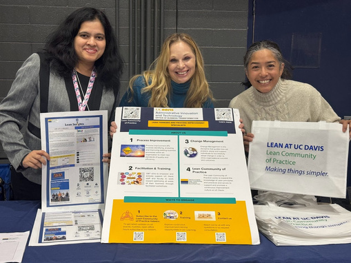 Priya Venkatesan, Bernadette Hill and Michelle Agnew from the Office of Business Transformation standing next to a poster at the ADMAN Conference.